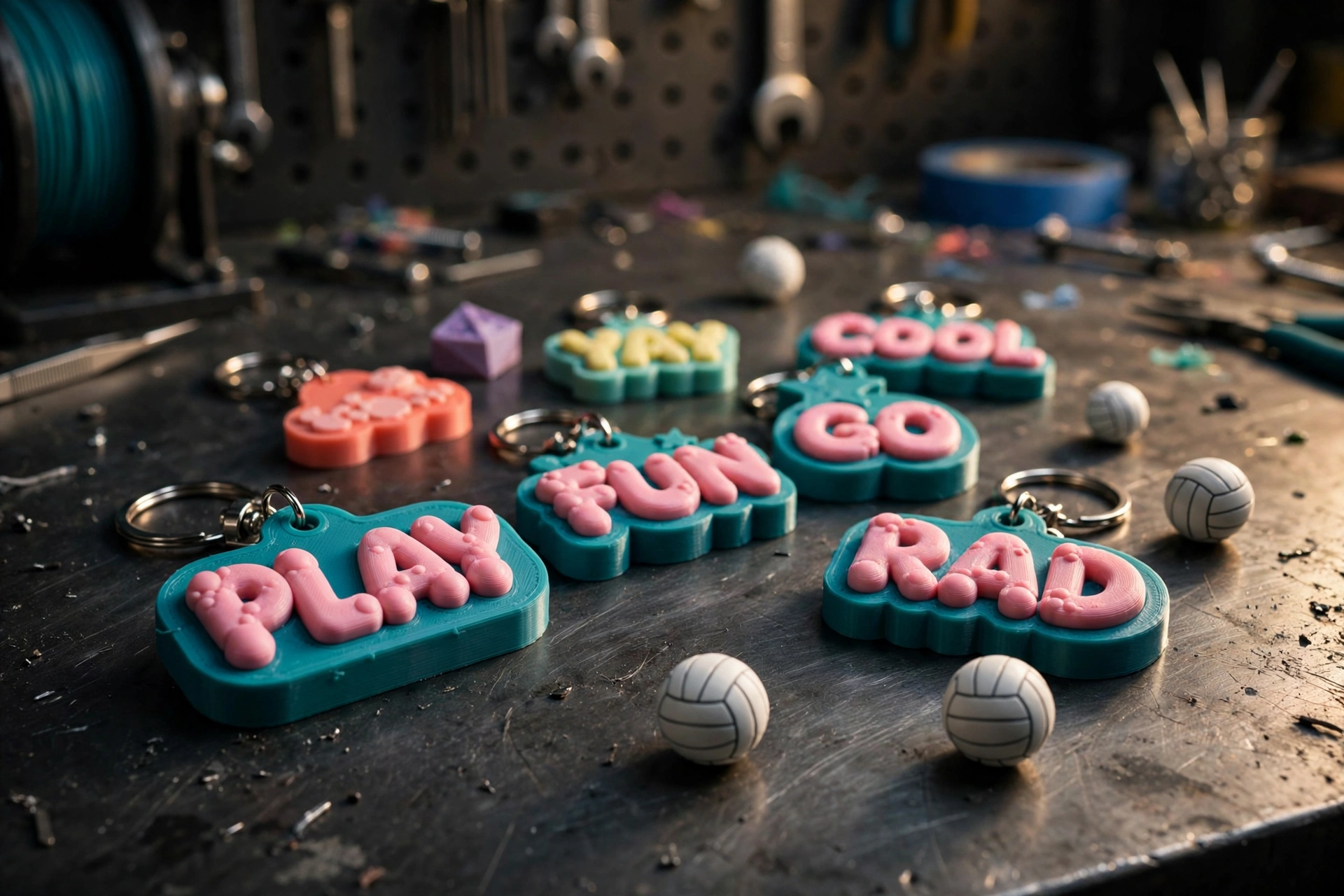 Custom multi-color 3D printed keychains with bubble lettering on a steel workbench