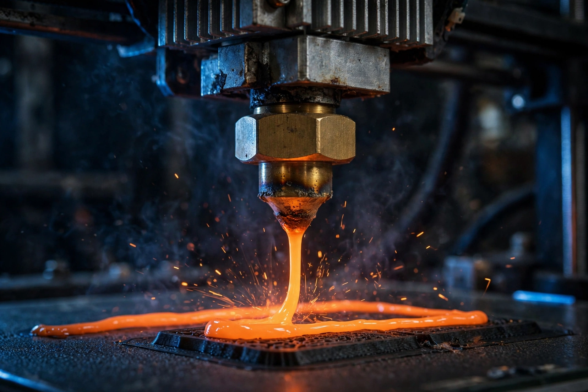 3D printer nozzle extruding glowing molten filament