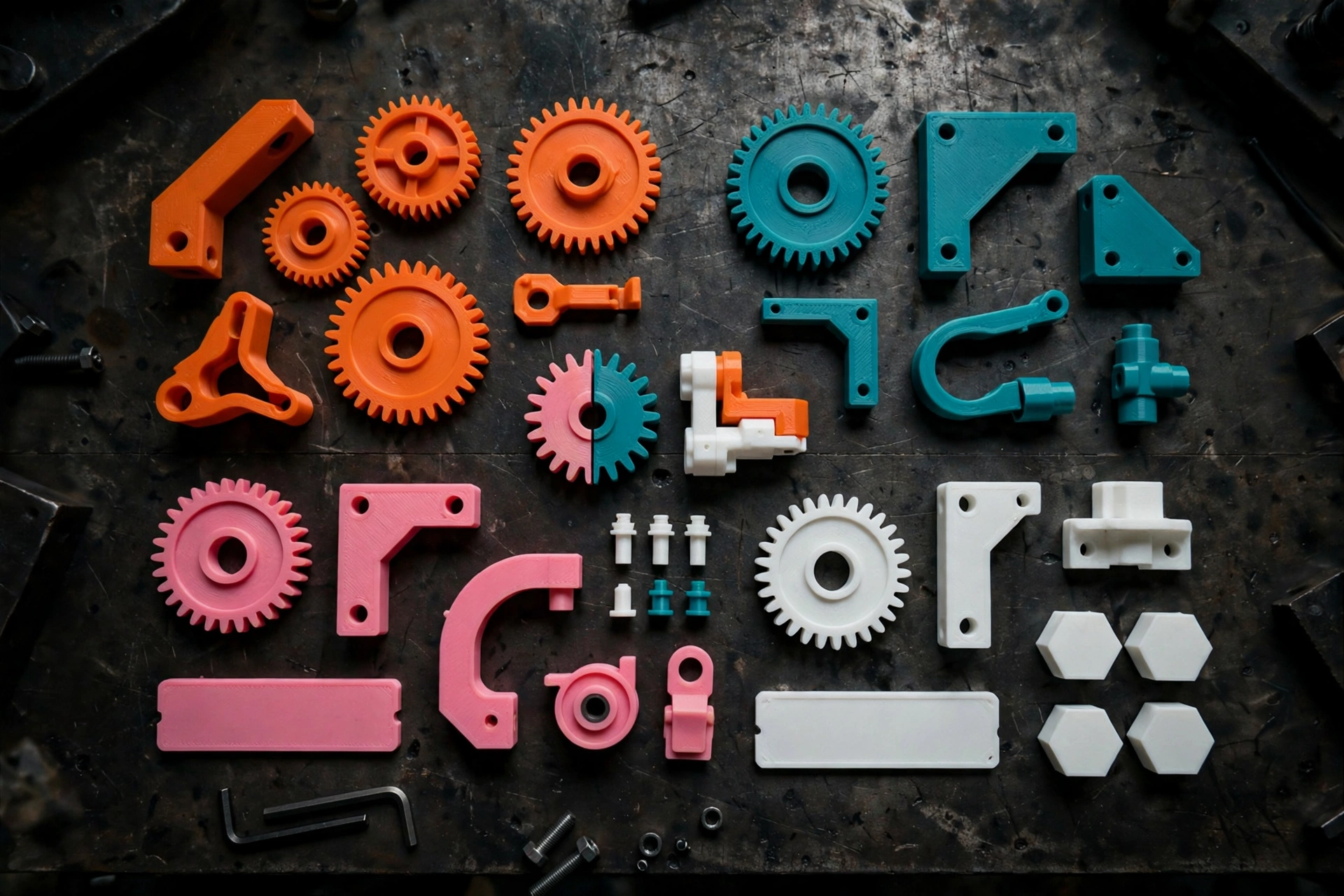 Assortment of colorful 3D printed gears, brackets, and nameplates